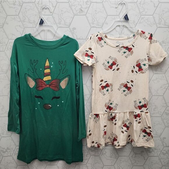 Nwt Girl's Christmas Unicorn Reindeer 2 pack Dress - Picture 1 of 10